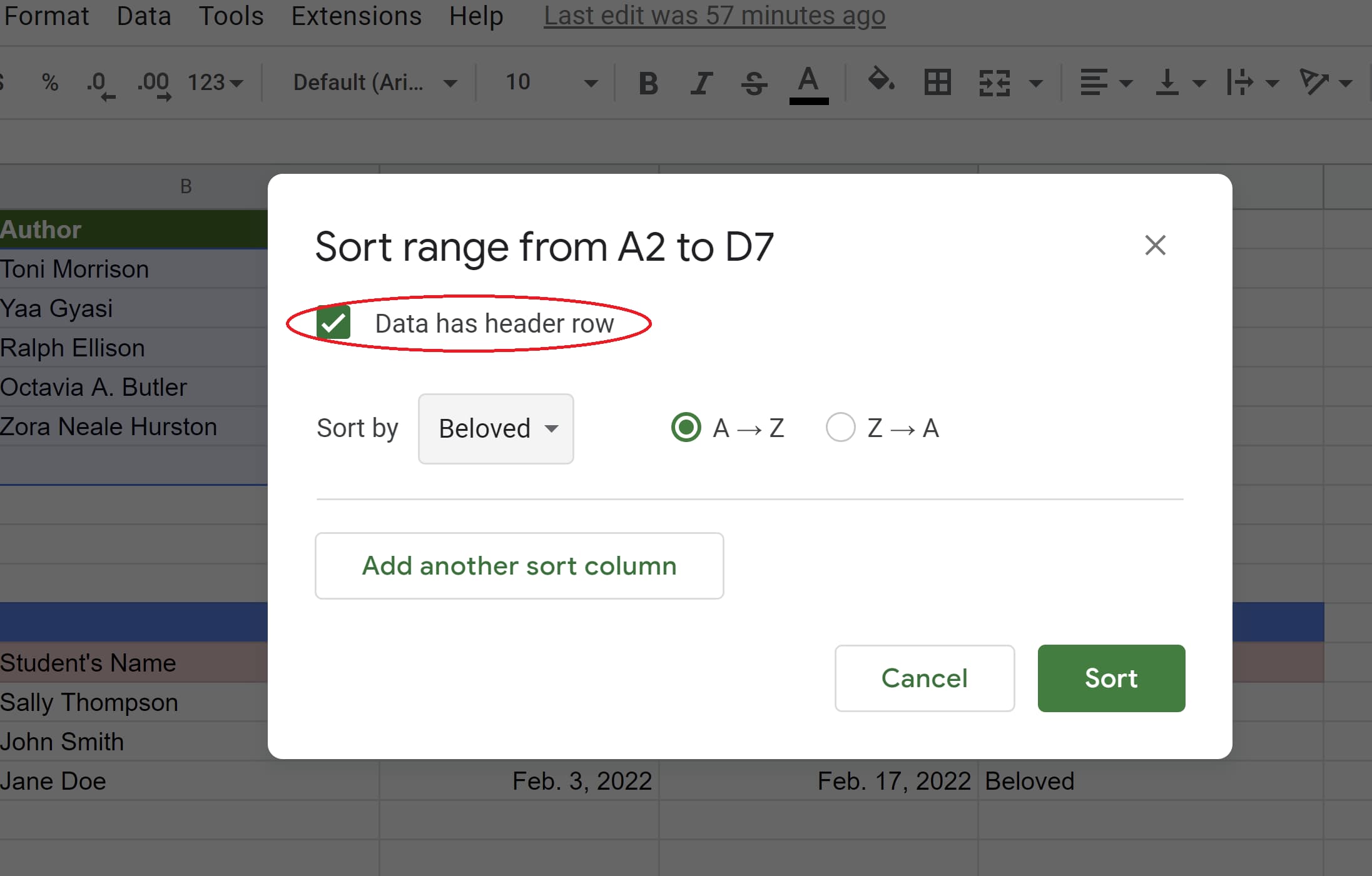 Data has header row option selected in Google Sheets