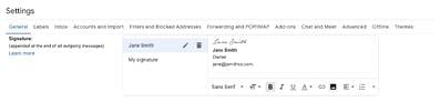 Screenshot of Gmail’s email signature settings. 