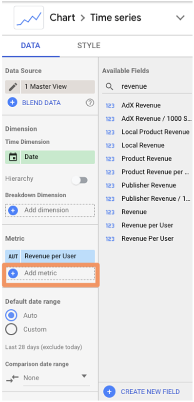 how to connect data sources to google data studio: add metric