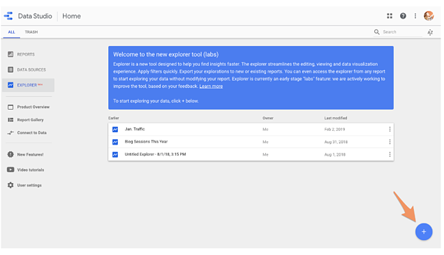 google data studio tips: explorer plus button