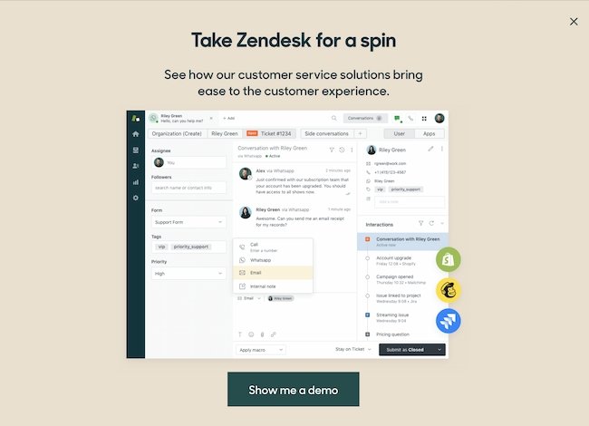 Exit intent popup example: Zendesk