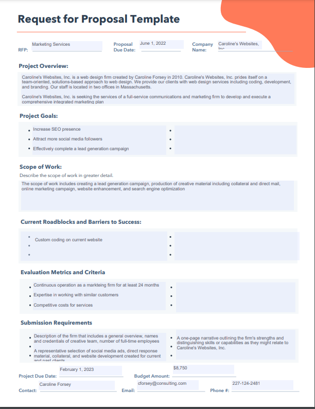 rfp sample template with tables and headings