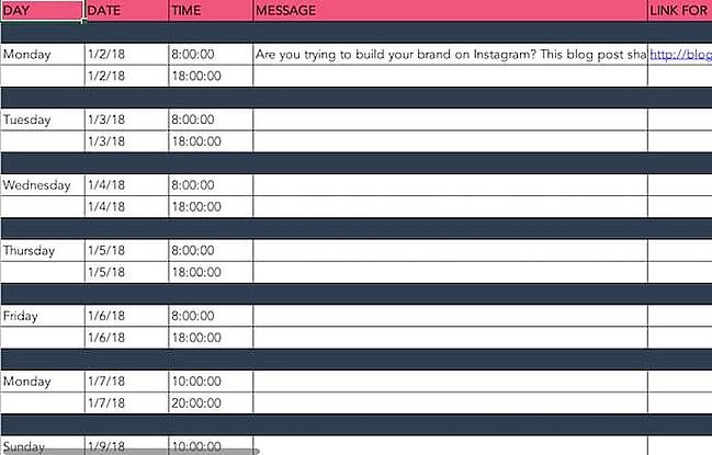 social media posting schedule in excel with days and times of the week