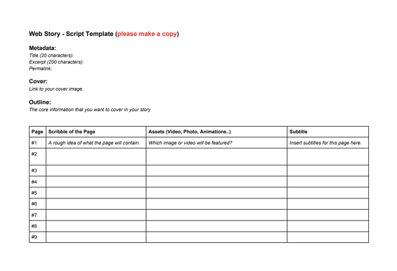 google web stories storyboard draft template