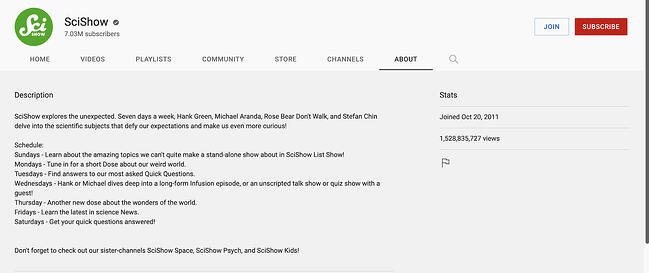 youtube channel description example: scishow