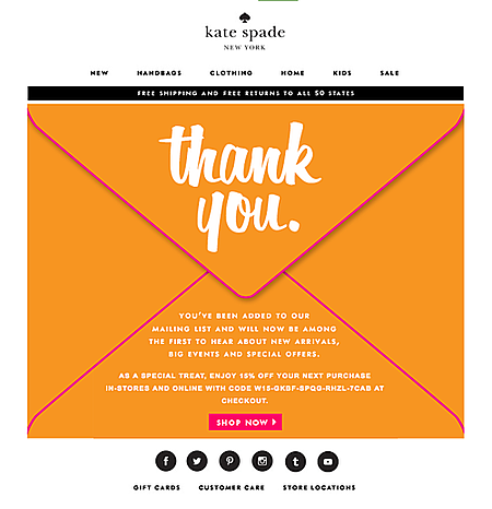 Kate Spade welcome email example with orange envelope graphic saying thank you