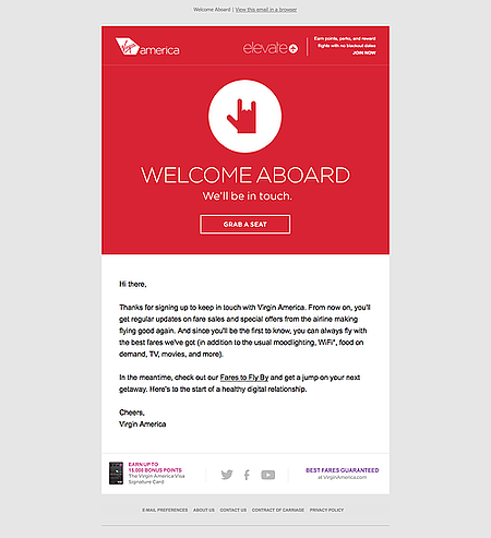 welcome email example: Virgin America welcome email with a red CTA to get started