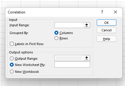 how to calculate correlation coefficient in excel: correlation popup