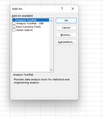 how to calculate correlation coefficient in excel: analysis toolpak addin popup