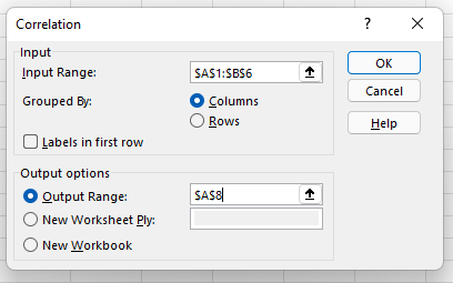 how to calculate correlation coefficient in excel: correlation popup options