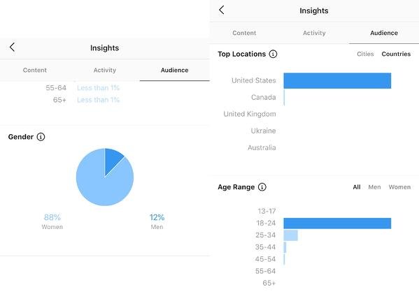 instagram insights for followers gender, age range, and top locations