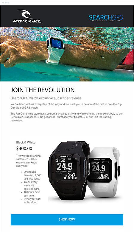 Email Marketing Campaign Example: Ripcurl - "Join the revolution"