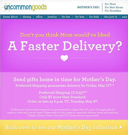 Email Marketing Campaign Example: Uncommon Goods - "Don't you think Mom would've liked a faster delivery?"