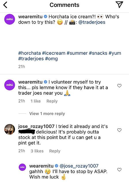 How to humanize a brand example: Mitu Instagram responsive comments