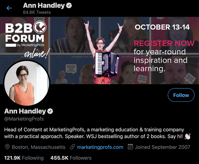 ann handley of marketing profs, content marketer to follow on linkedin