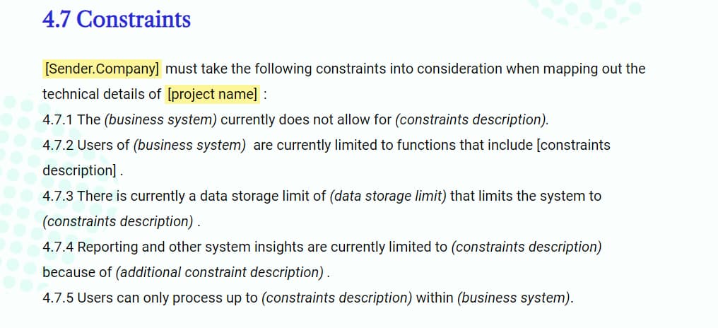 how to write a business requirement document, listing constraints 