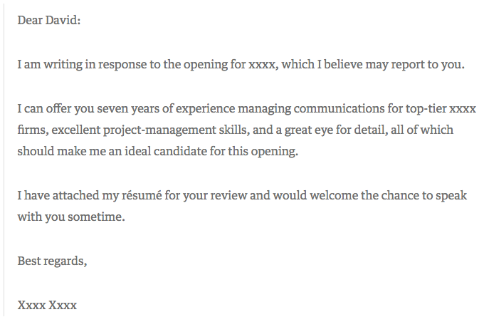 Short and sweet cover letter example with only three sentences