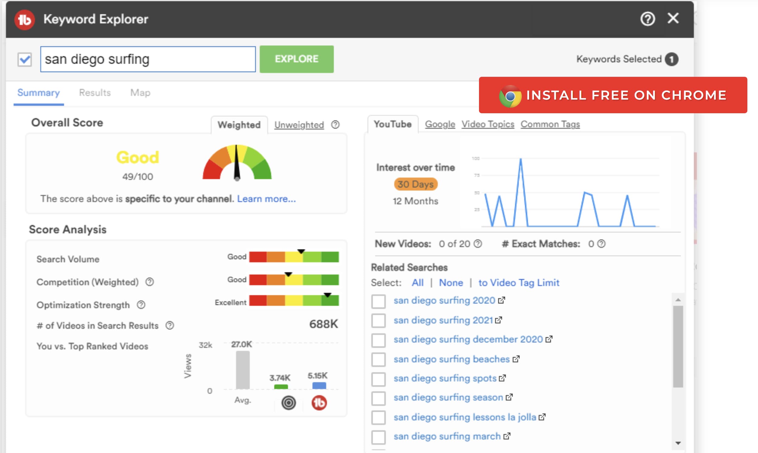 Screenshot of TubeBuddy's keyword explorer feature which can be used to find YouTube hashtags