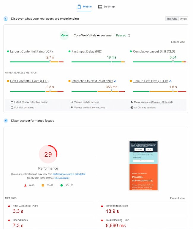 Page Speed Insights mobile friendliness test results