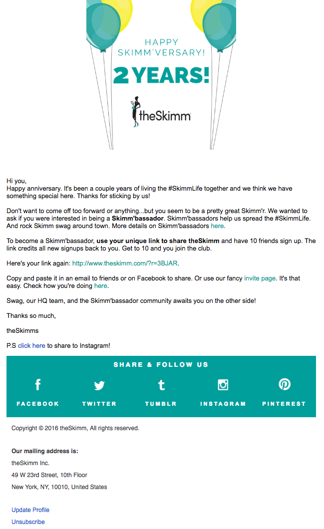 Email Marketing Campaign Example: TheSkimm - "Happy Skimmversary"