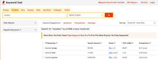 keywordtool.io youtube generator tag results for "baseball"