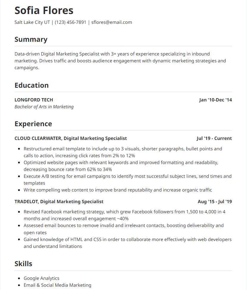 digital marketing resume example best practices