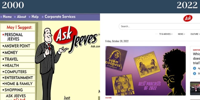 Nostalgic websites: ASK. On the left it shows the site before the rebrand and on the right you'll see the site after. 