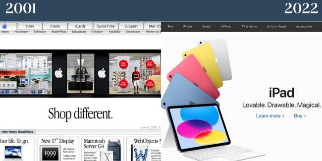 Nostalgic websites: Apple. Image shows 2001 Apple homepage and 2022 homepage. 