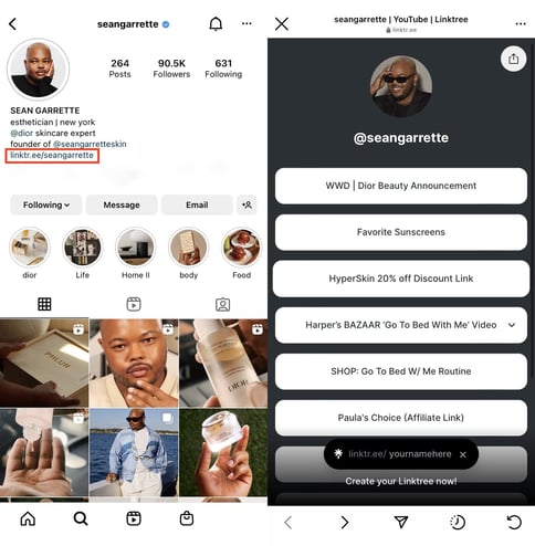 affiliate marketing on instagram examples: sean garrette linktree