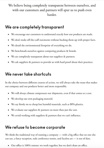 Brand voice example of A Good Company's Values page