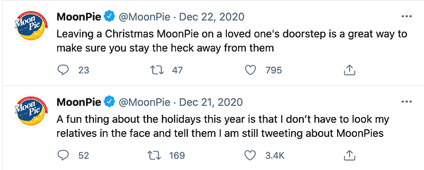 MoonPie tweets, highlighting the brand's funny brand voice.