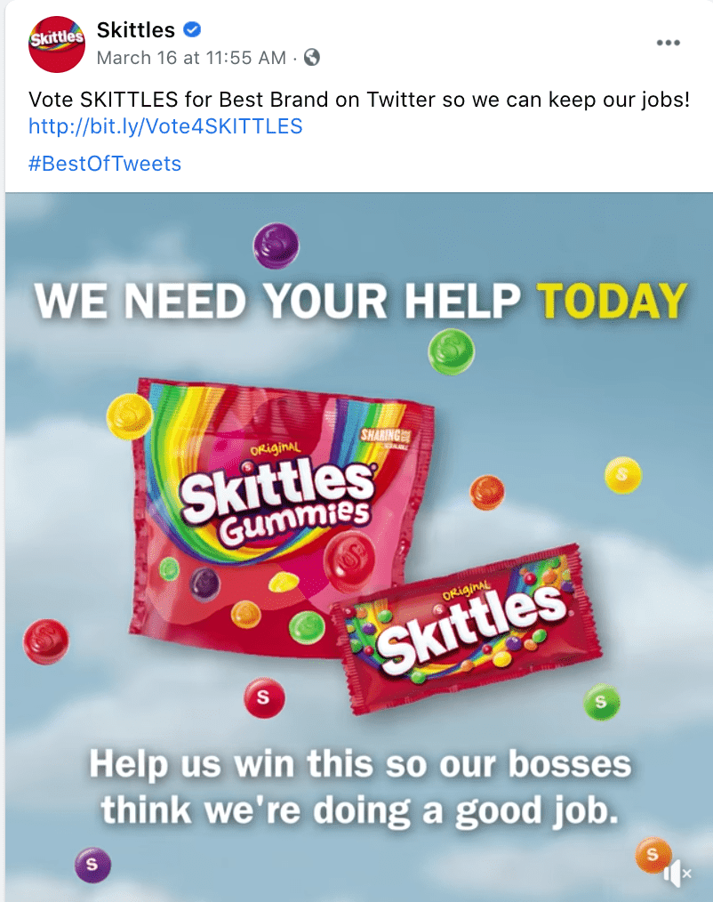 Skittle's funny brand voice example, where they've tweeted "vote Skittles so we can keep our jobs".