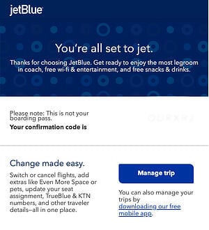 Email confirmation example from JetBlue.