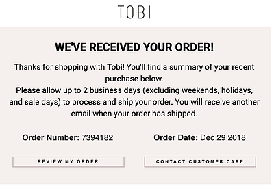 Email confirmation example from Tobi