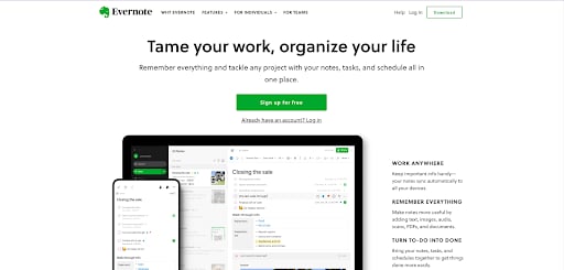 Evernote homepage web design