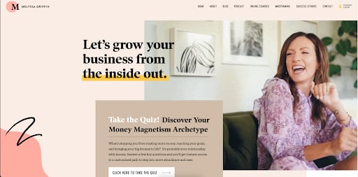 Melyssa Griffin homepage web design with yellow landing page and quiz CTA button