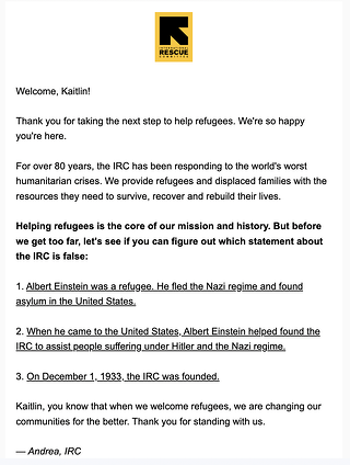 nonprofit newsletter example, the International Rescue Committee