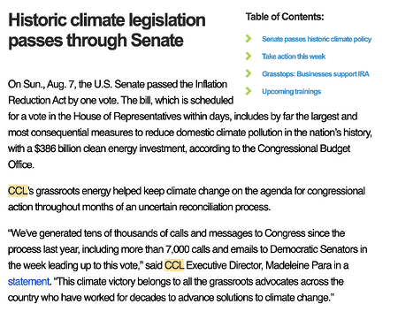 nonprofit newsletter example, Citizen’s Climate Lobby