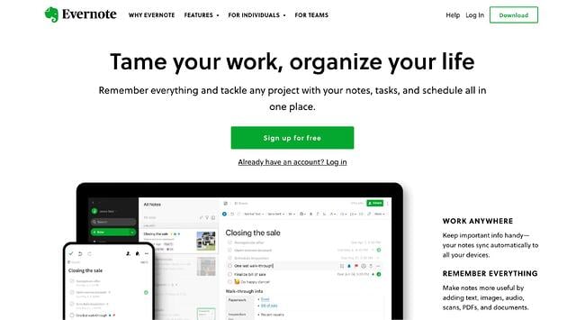 homepage design, evernote