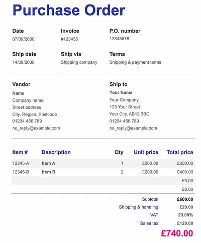 purchase order template for Google sheets