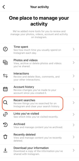 showing in settings how to clear instagram search history