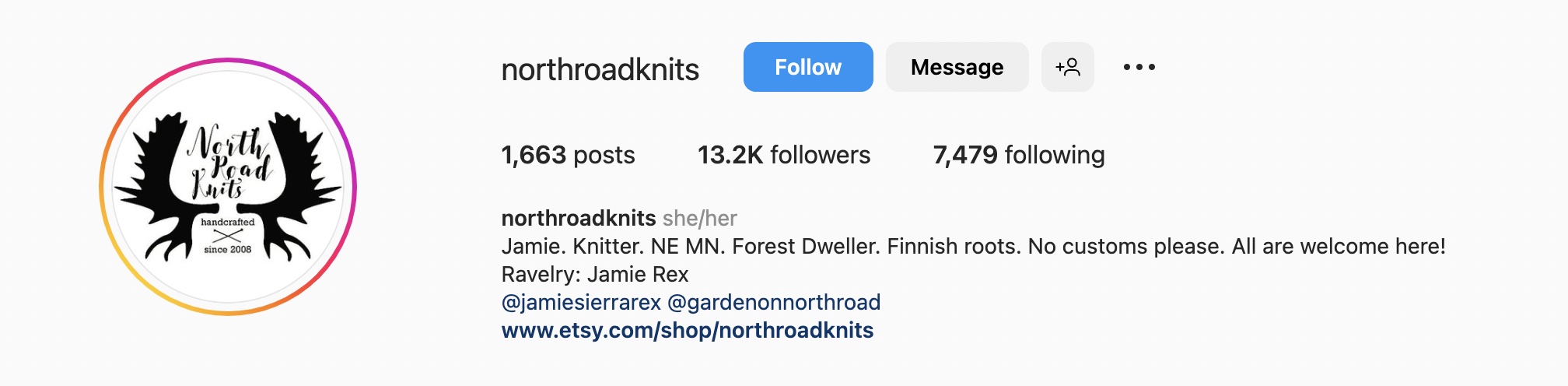 Inatagram bio for @northroadknits