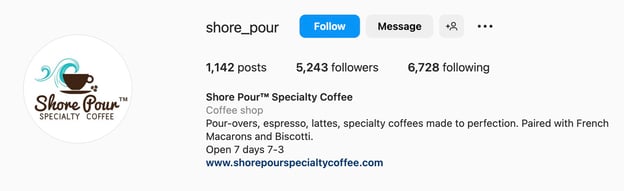 Instagram bio ideas for restaurants and coffee shops, shore pour