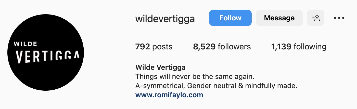 Simple Instagram bio ideas for apparel, wilde vertigga