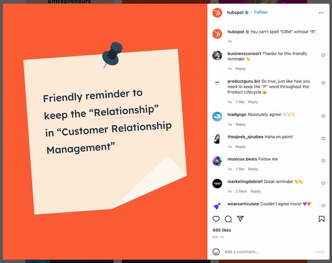 business instagram caption example: hubspot