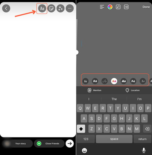 the text button on an instagram story to add text