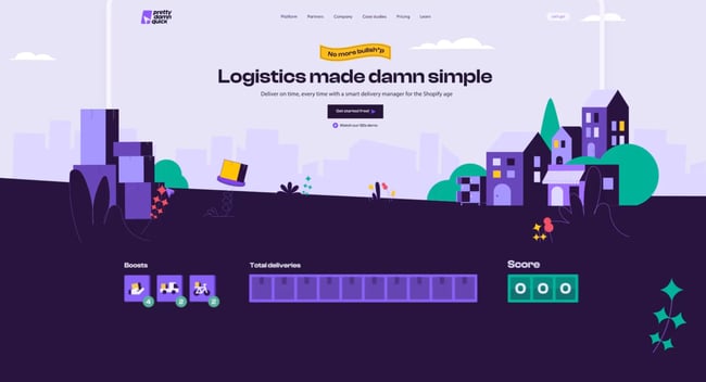 web design trends: PrettyDamnQuick homepage shows gamified website design in action with an interactive scoreboard in the bottom left corner. 