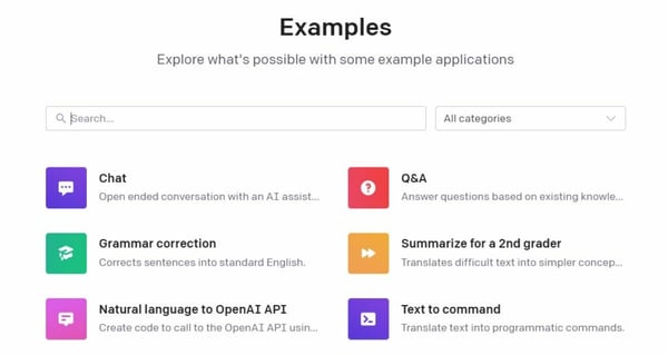 What is gpt-3? Examples of uses: Chat, grammar correction, natural language to OpenAI API, Q&A, summarize for a 2nd grader, text to command.