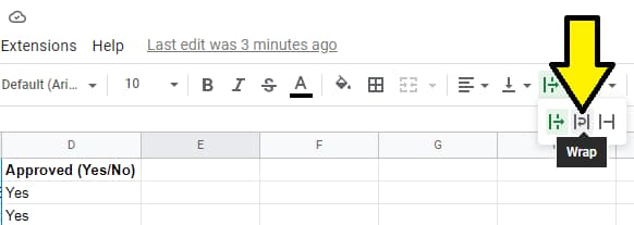 How to wrap text in Google Sheets from the toolbar, an arrow pointing to the wrap icon