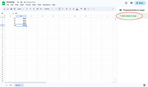 Protect cells google sheets, step 4: select “add a sheet or range” from the side panel.